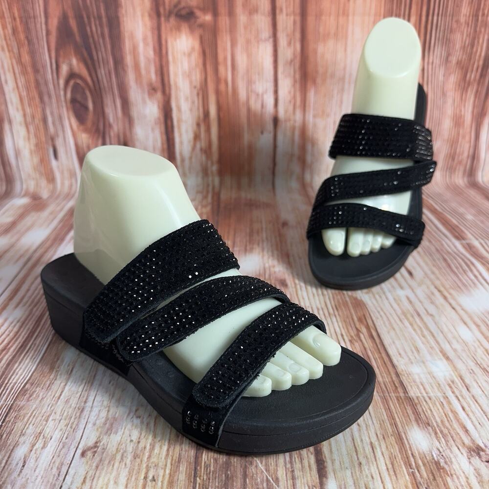 Vionic ALEXIS Sz 7 Black Rhinestone Platform Wedge Strappy Sandal Open Toe Shoes